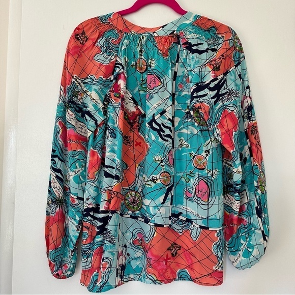 Lilly Pulitzer X Marks The Spot Map Print Elsa Silk Blouse - Picture 4 of 10